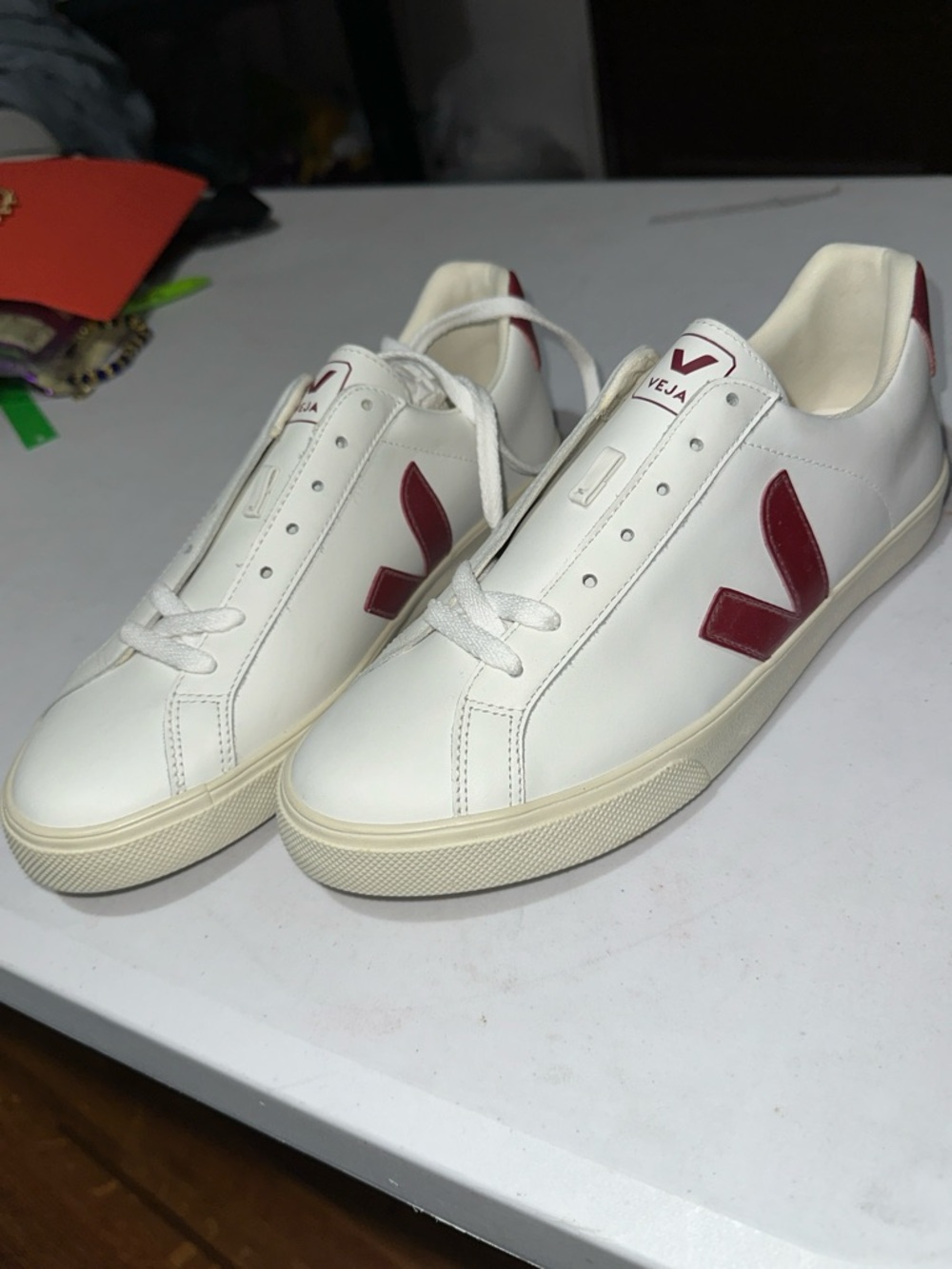 Veja White Leather Sneakers with Burgundy V Logo